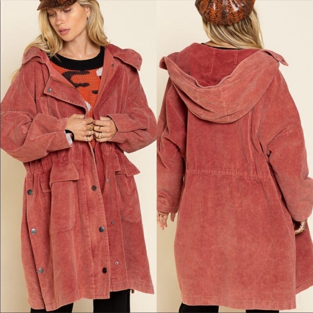 POL L Oversized Corduroy Parka Jacket Cotton Sun Dried Tomato Color